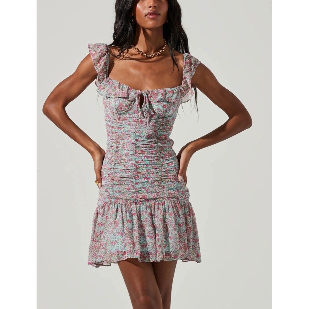 ASTR Dress Women's Off Shoulder Ruched Floral Mini Ruffle Smocked Stretch